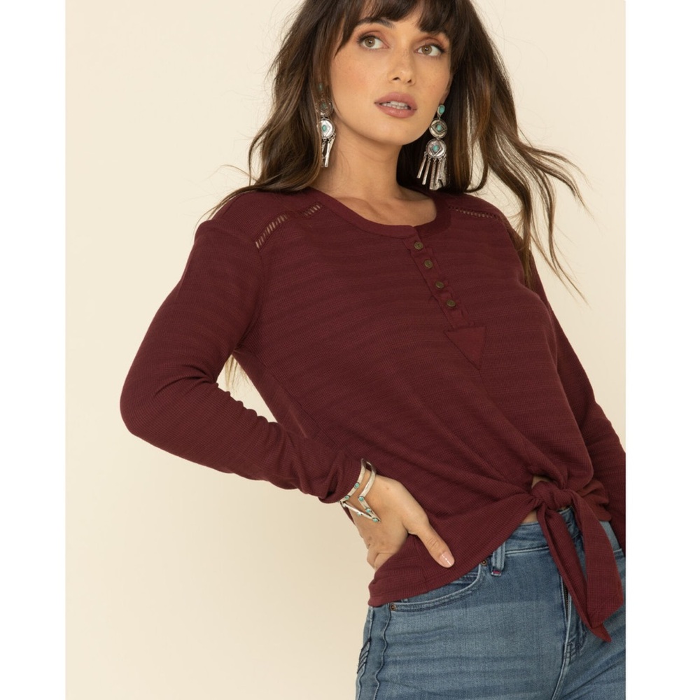 IDYLLWIND WOMEN'S Burgundy Eyelet EASY LONG SLEEVE TIE HENLEY